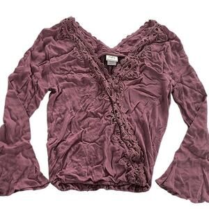 Daytrip Top Womens X Small Pink Lace V Neck Faux Wrap Boho Bell Sleeve Blouse